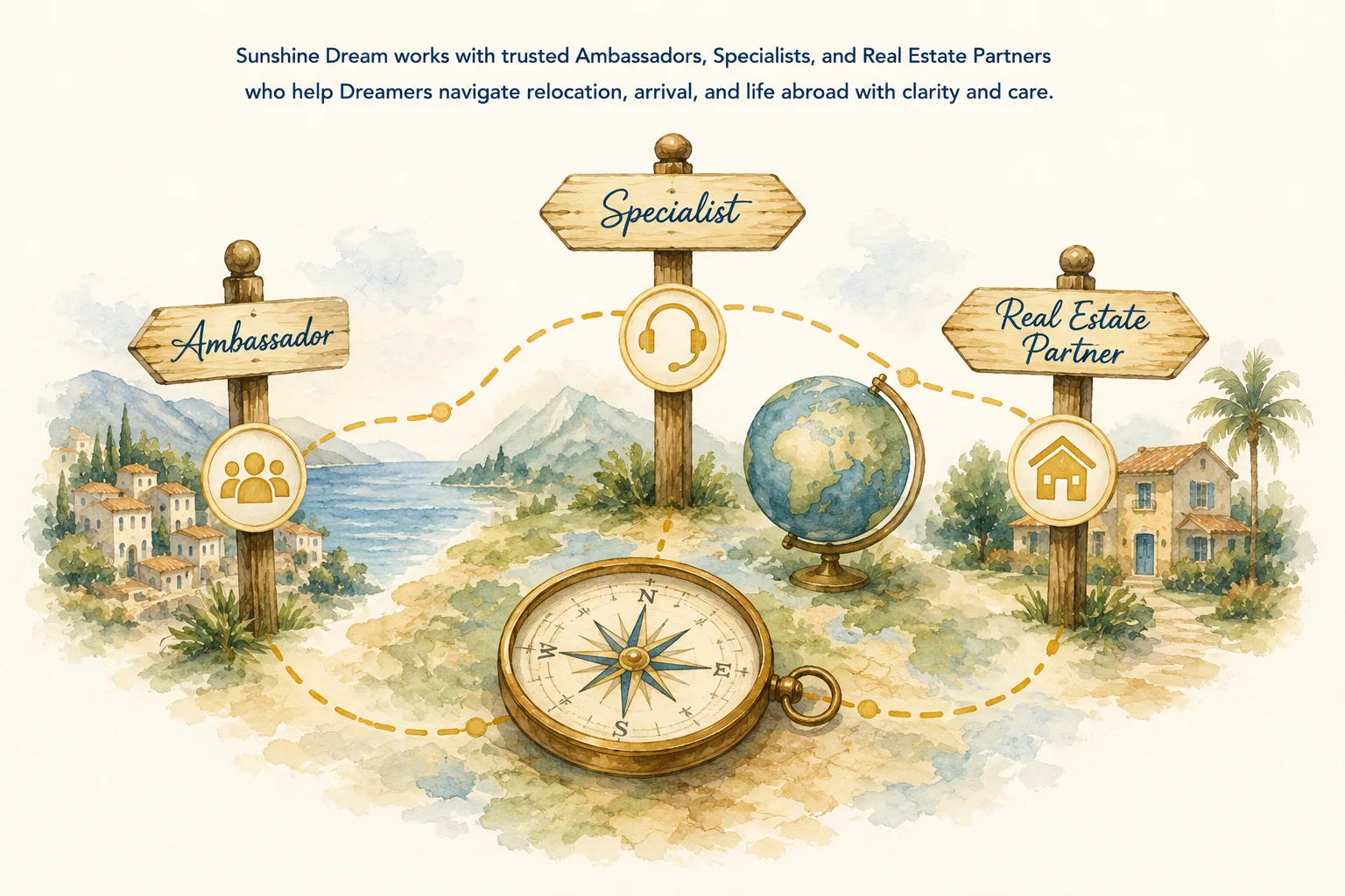 Collaboration ecosystem — Ambassador, Specialist, and Real Estate Partner connected by a compass and golden path