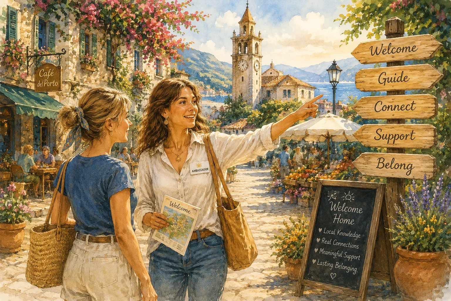 Ambassador guiding a Dreamer through a local Mediterranean village — Welcome, Guide, Connect, Support, Belong