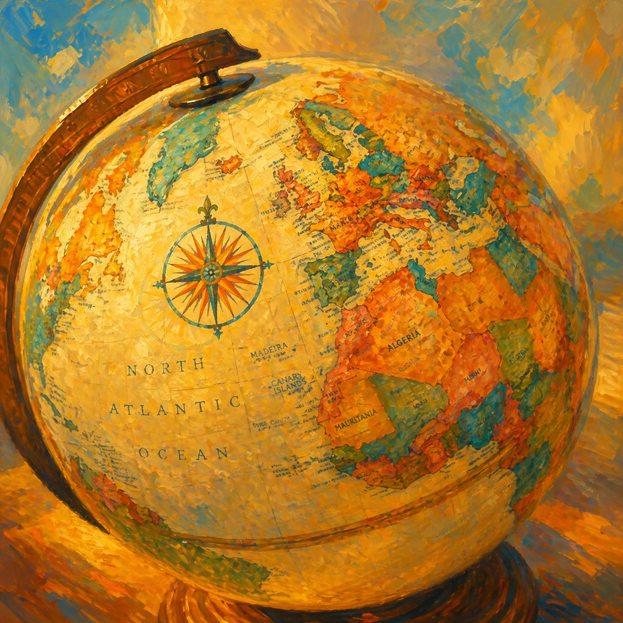 Painted globe showing continents and oceans