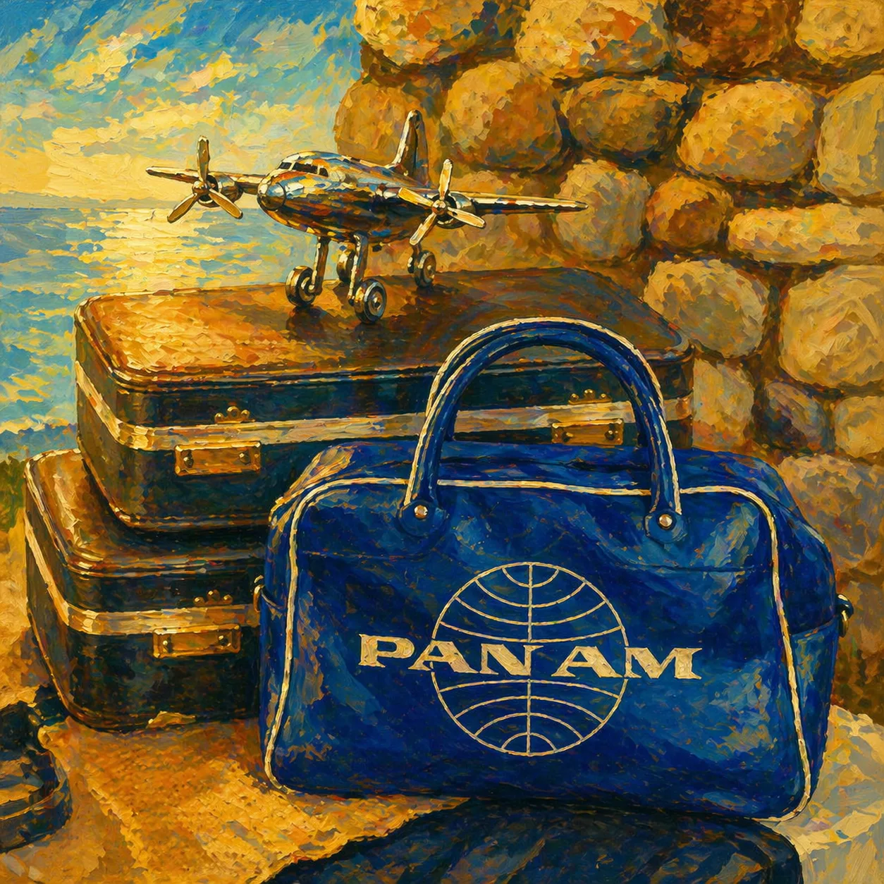 Painted vintage Pan Am travel bag and small model airplane atop golden suitcases by the sea