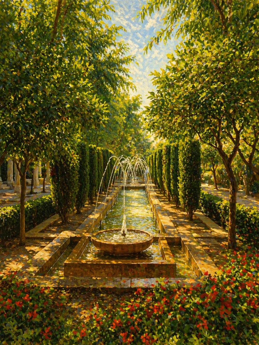 A calm garden pathway with a central fountain and flowing water, representing clarity, reflection, and guided movement through the Sunshine Dream journey.