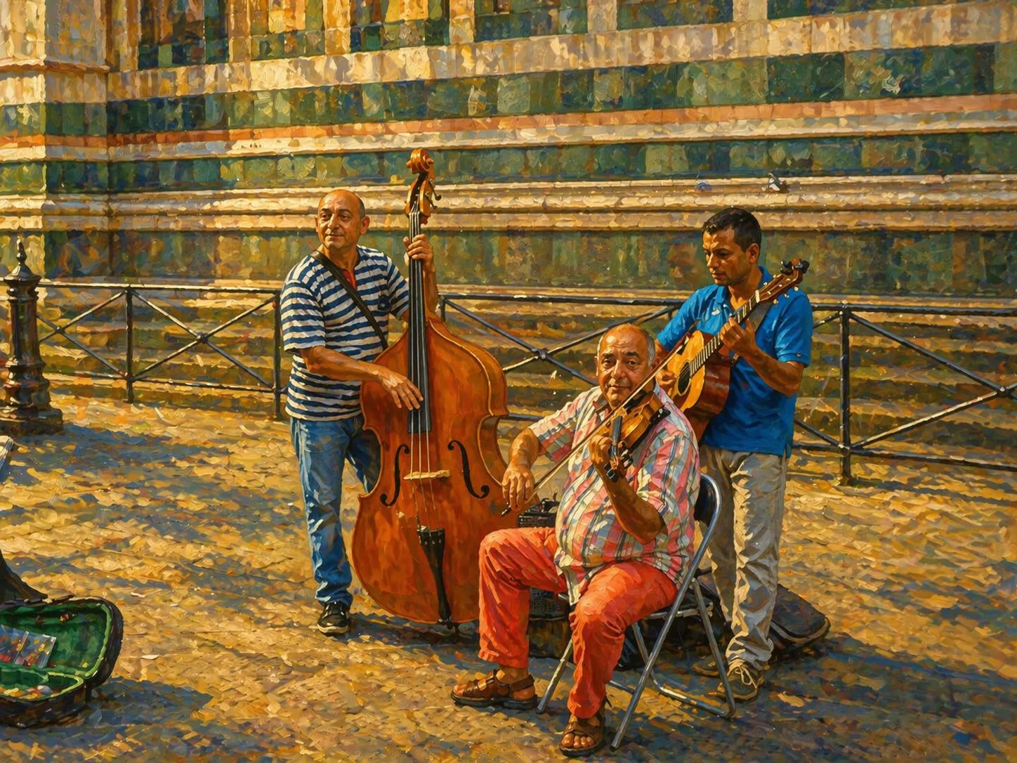 Street musicians performing in a sun-drenched European plaza, representing culture, human connection, and everyday life abroad.