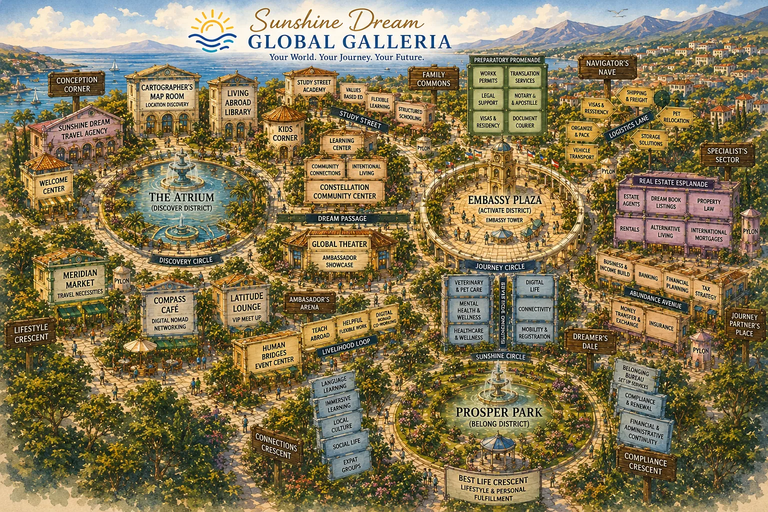 The Sunshine Dream Global Galleria — a watercolor map of districts, pathways, and gathering places spanning discovery, activation, belonging, and lifelong global living