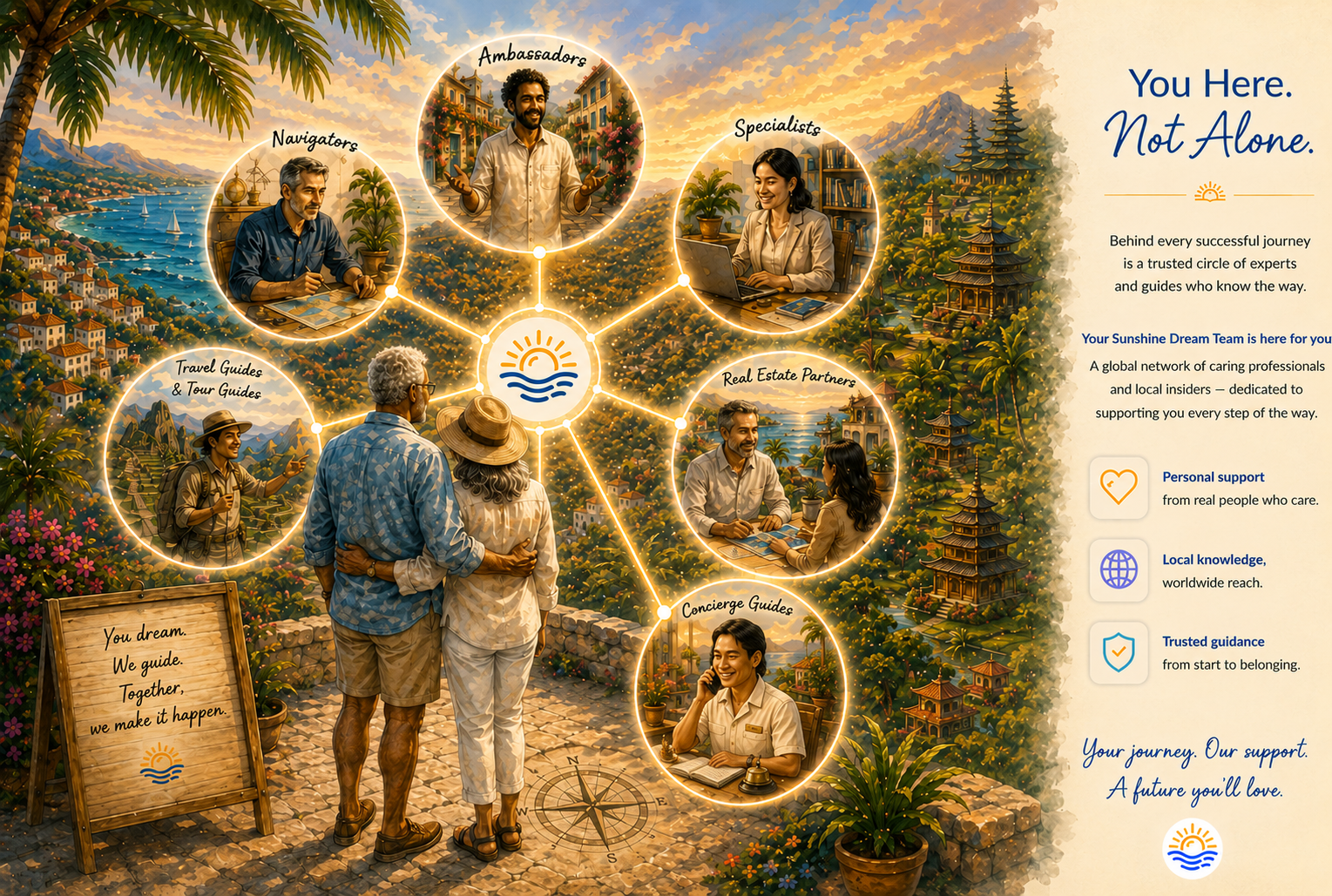 You Here. Not Alone. — the Sunshine Dream support network: Navigators, Ambassadors, Specialists, Travel Guides, Real Estate Partners, and Concierge Guides