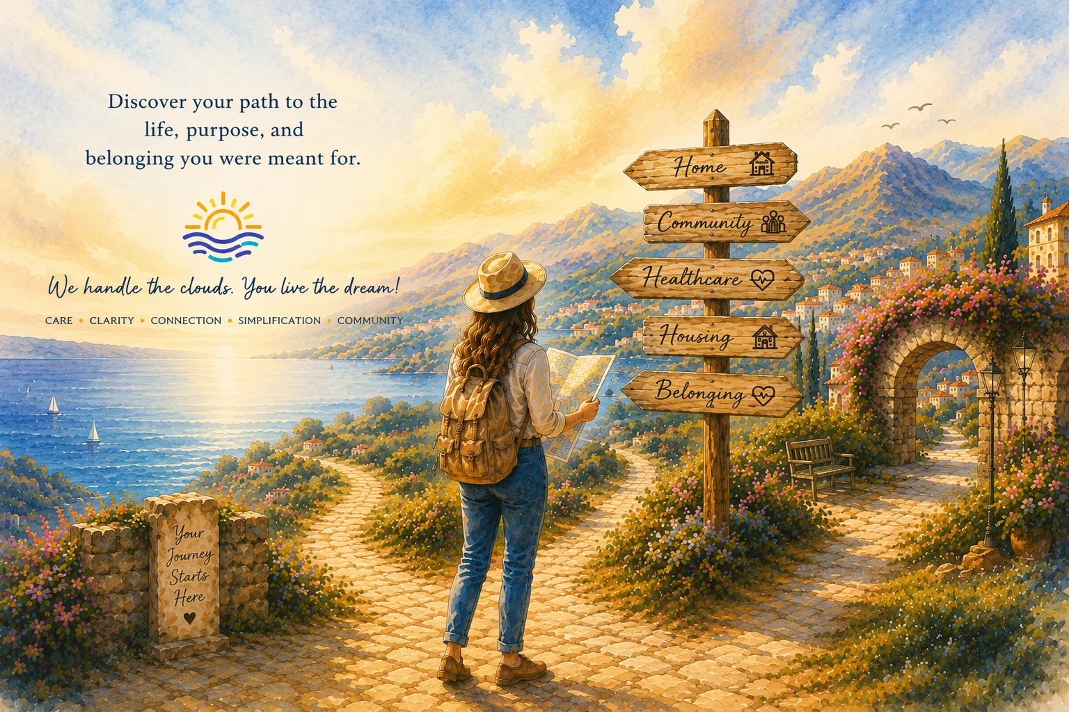 A Dreamer standing at a crossroads signpost — Home, Community, Healthcare, Housing, Belonging — overlooking a Mediterranean village at golden hour