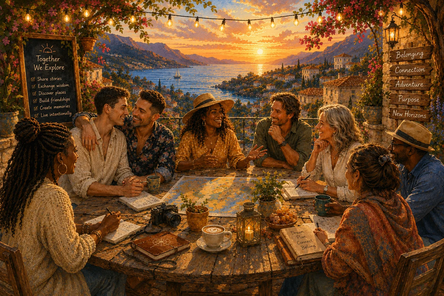 A diverse group of friends gathered around a map at an outdoor table at sunset, sharing stories and planning their next chapter together