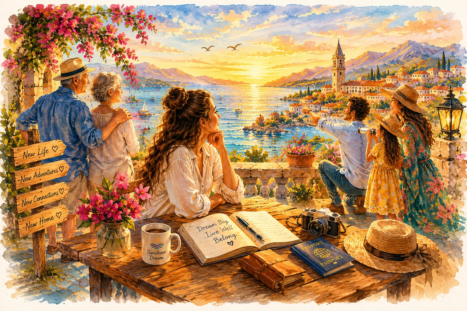 Retirees, a remote worker, and a family — all Dreamers gazing toward a new life abroad at sunset — Dream Big, Live Well, Belong
