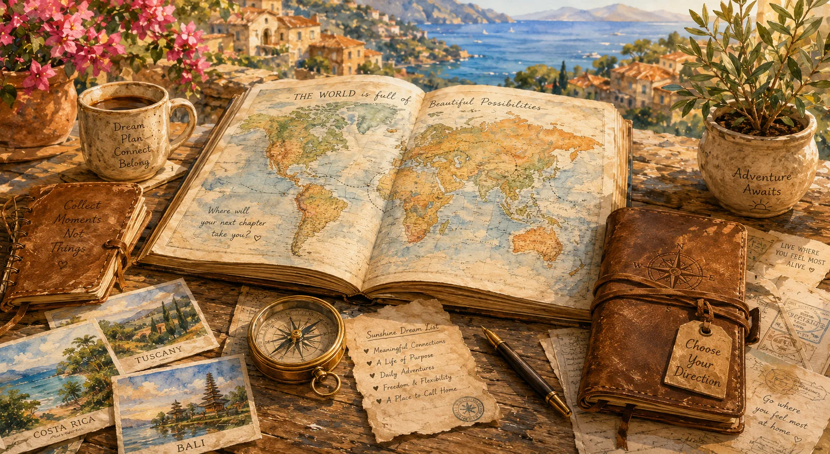 An open antique atlas with a world map, compass, travel journal, and destination postcards arranged on a wooden table overlooking the Mediterranean coast