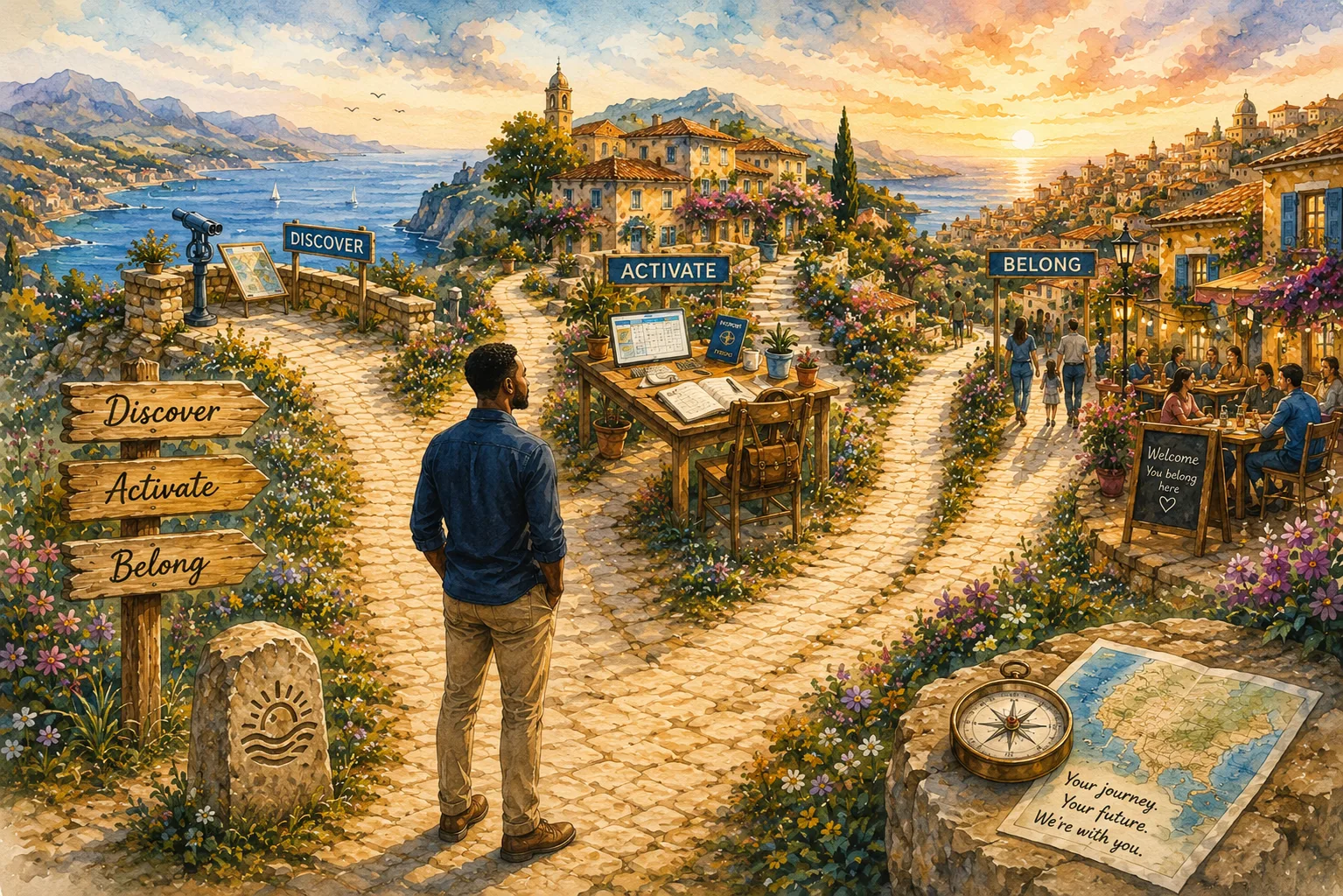 A Dreamer standing at a crossroads of three paths — Discover, Activate, Belong — each leading toward a new life abroad at golden hour