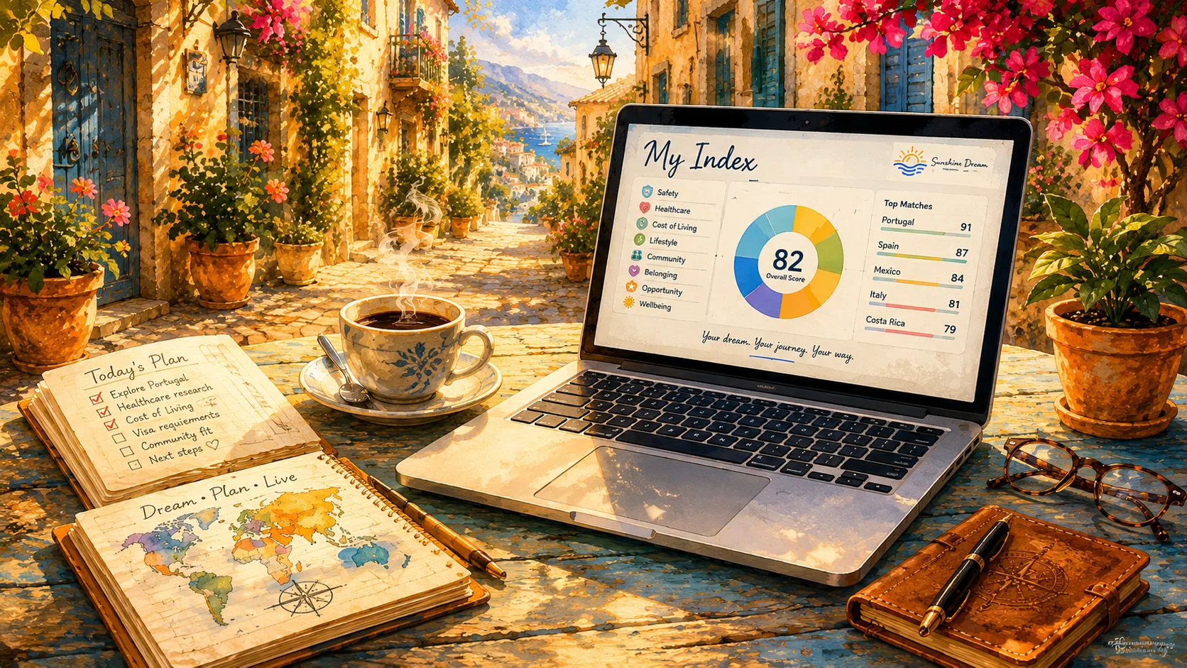 A laptop showing a Sunshine Dream livability index dashboard with destination scores, open beside a travel journal and coffee cup on a Mediterranean village terrace