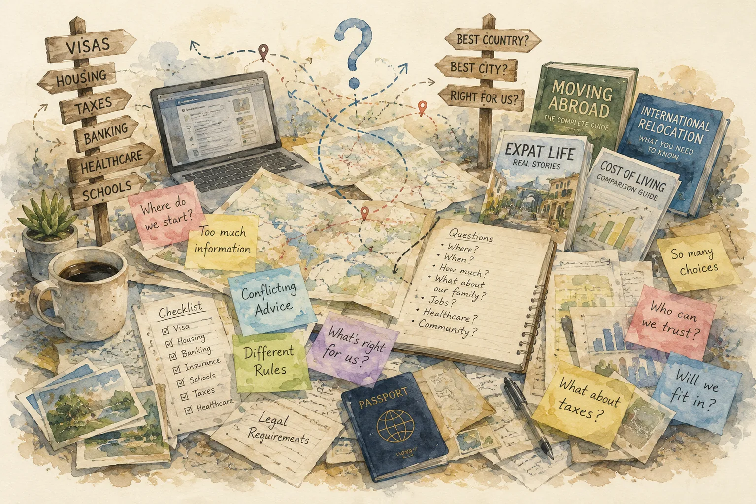 Modern relocation overwhelm — a desk covered in maps, sticky notes, conflicting advice, and questions with no clear answers