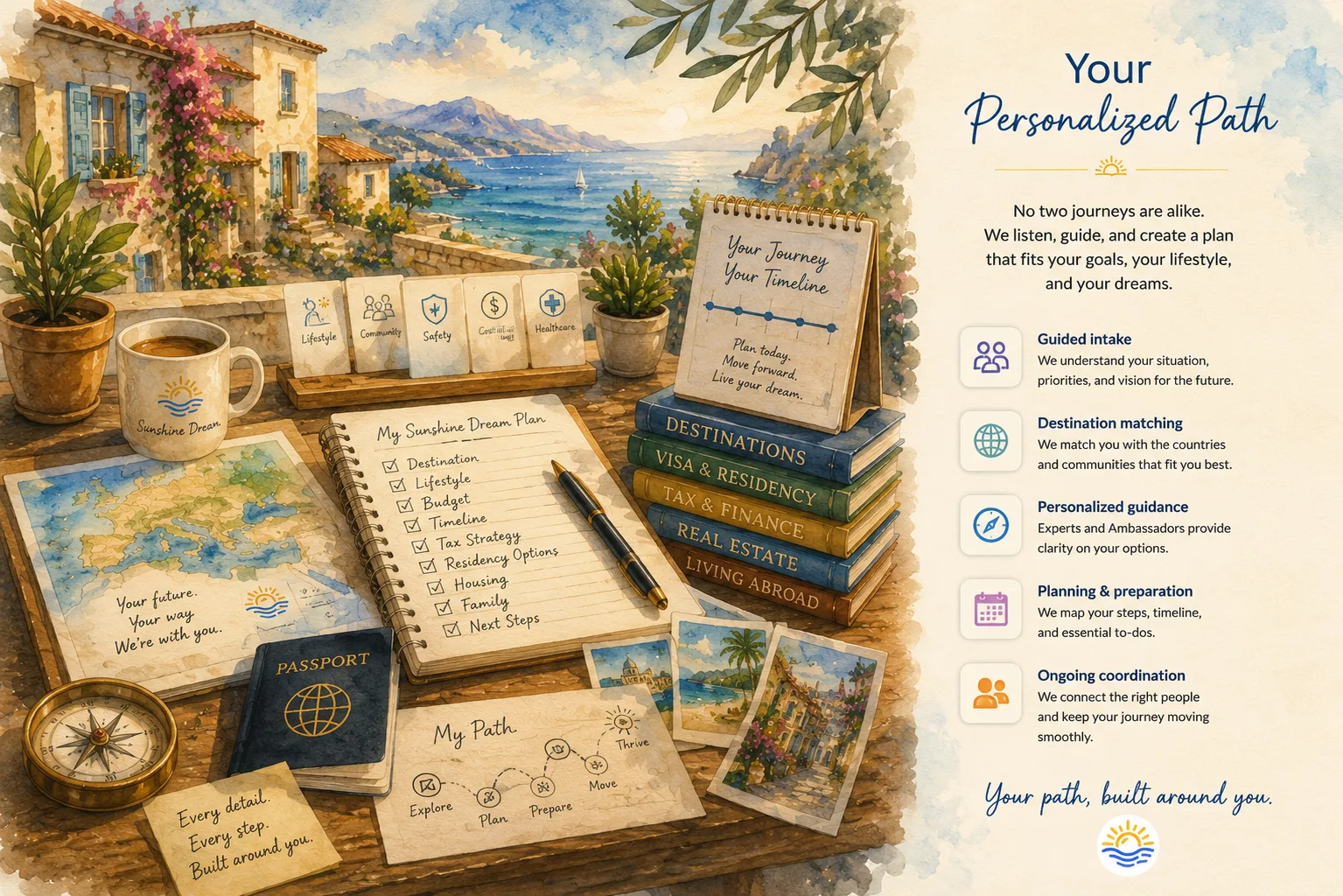 Your Personalized Path — a Sunshine Dream plan spread across a desk with destination books, a passport, compass, and journey checklist