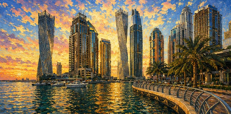 Painterly regional illustration of Gulf & Indian Ocean for Americans moving abroad with Sunshine Dream.