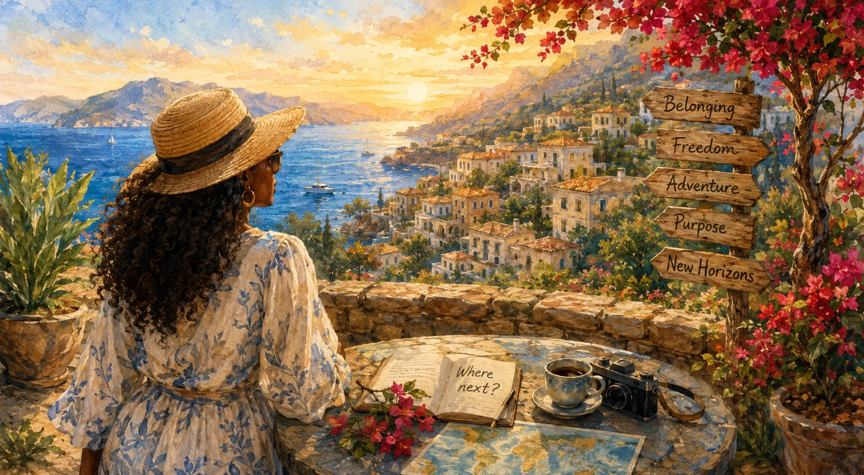 A woman with a straw hat stands on a Mediterranean terrace overlooking a coastal village at golden hour, a journal open beside her asking 'Where next?'