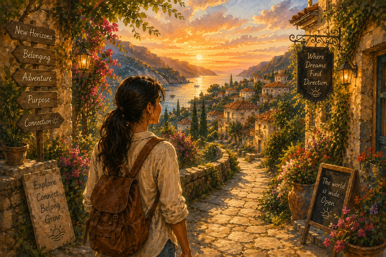 A traveler with a backpack gazes over a sun-drenched Mediterranean coastal village at sunset, with signposts reading Belonging, Adventure, Purpose, and New Horizons