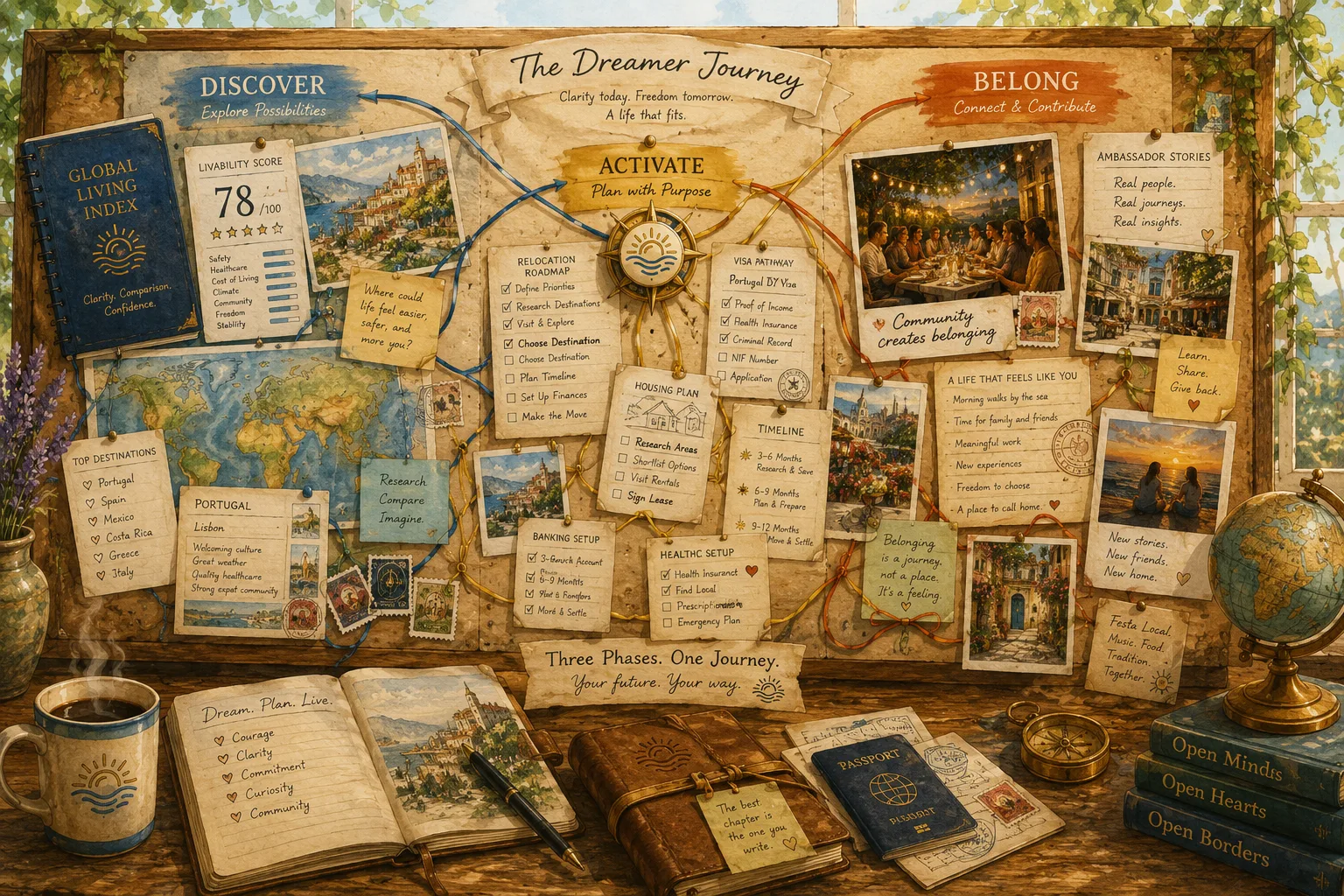 A vision board showing the full Dreamer Journey — Discover, Activate, and Belong phases — with destination research, relocation roadmap, visa pathway, housing plan, and community belonging all connected in one illustrated planning board