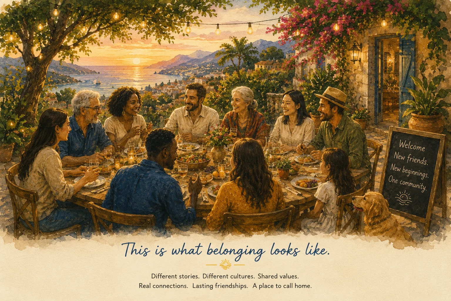 This is what belonging looks like — a diverse group sharing a meal at a sun-drenched table abroad, connected by friendship and community
