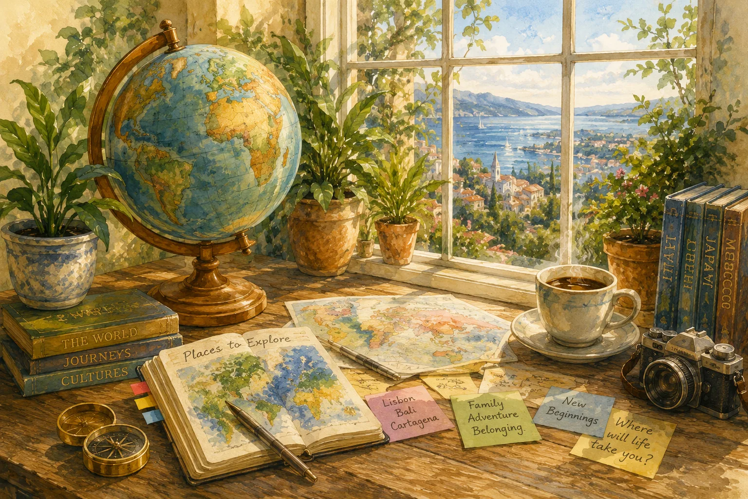 A sunlit study desk with a globe, open travel journal showing world maps, destination notes, a compass, and a Mediterranean coastal view through the window