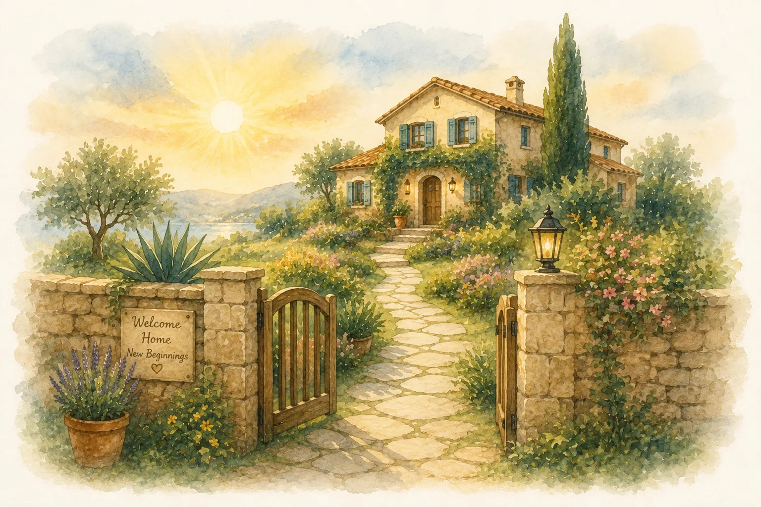 Welcome Home — a warm Tuscan villa at sunrise representing belonging and new beginnings