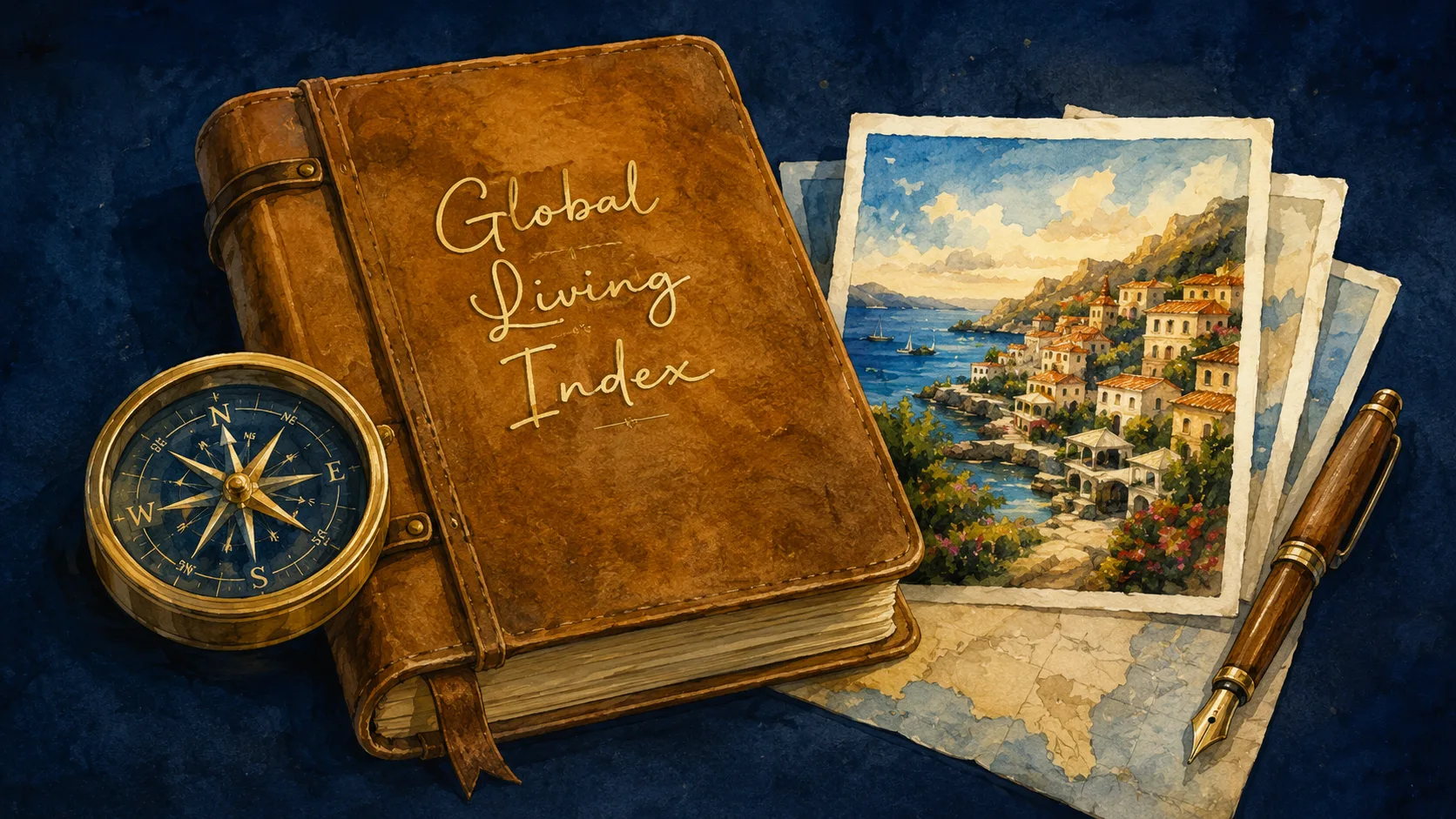 A leather-bound Global Living Index journal alongside a brass compass, travel postcards, and a fountain pen on a deep blue textured surface