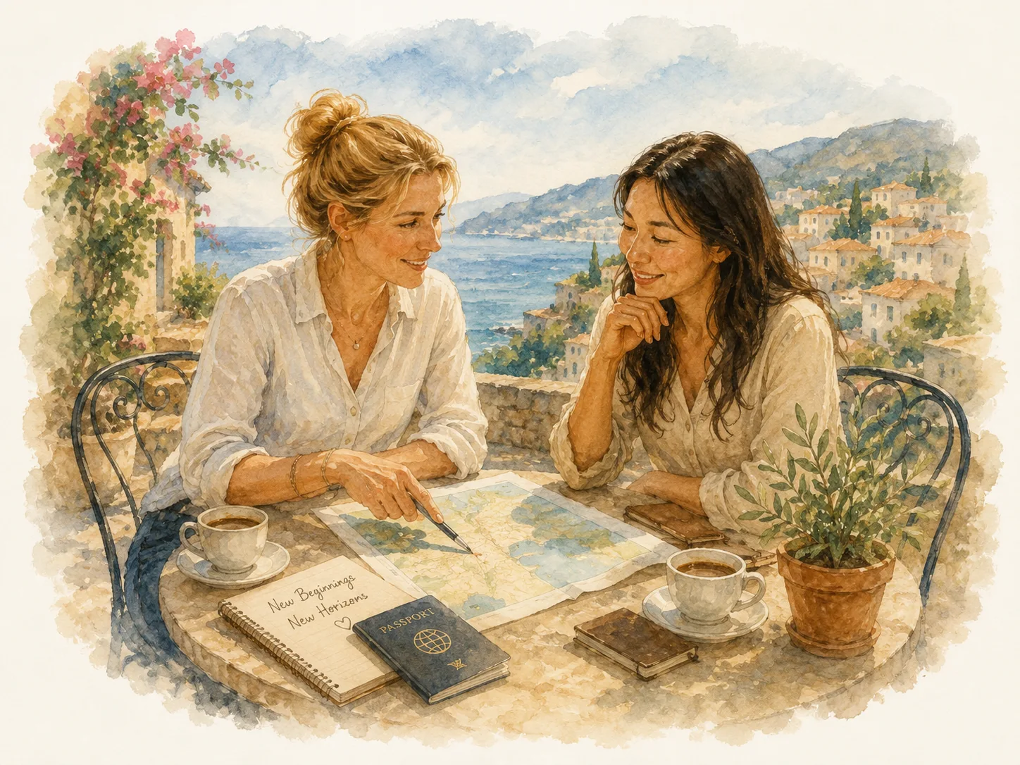 Two women planning a relocation journey together over coffee — trusted human support