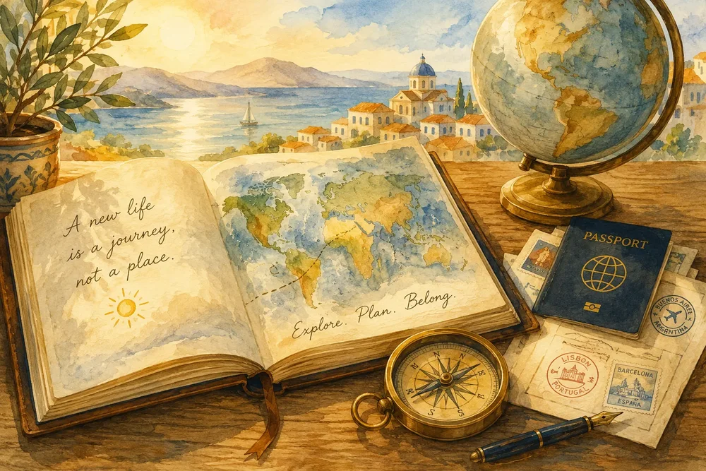 Watercolor travel journal with globe, compass, passport, and Mediterranean view