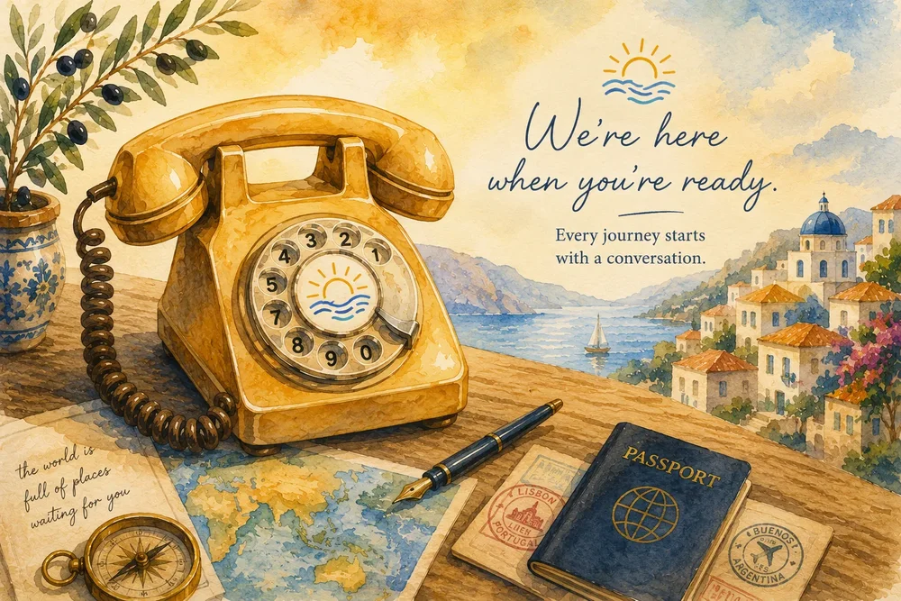 Watercolor vintage rotary telephone overlooking a Mediterranean coastal village