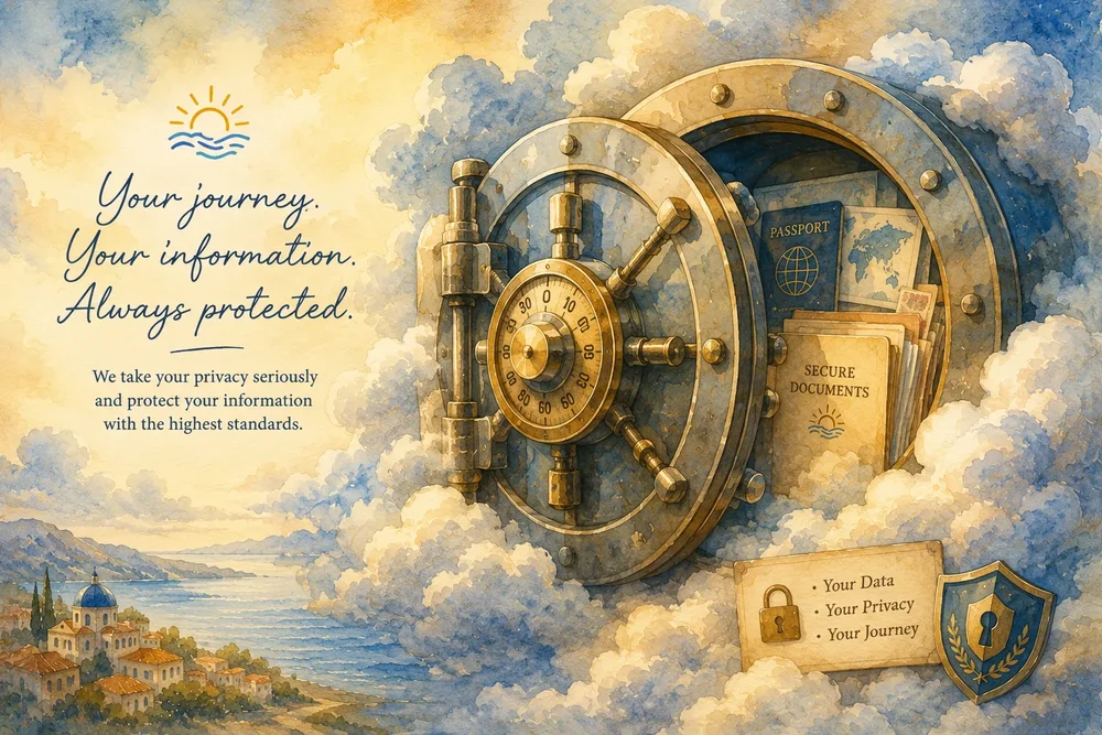 Watercolor vault door in clouds protecting passports and travel documents