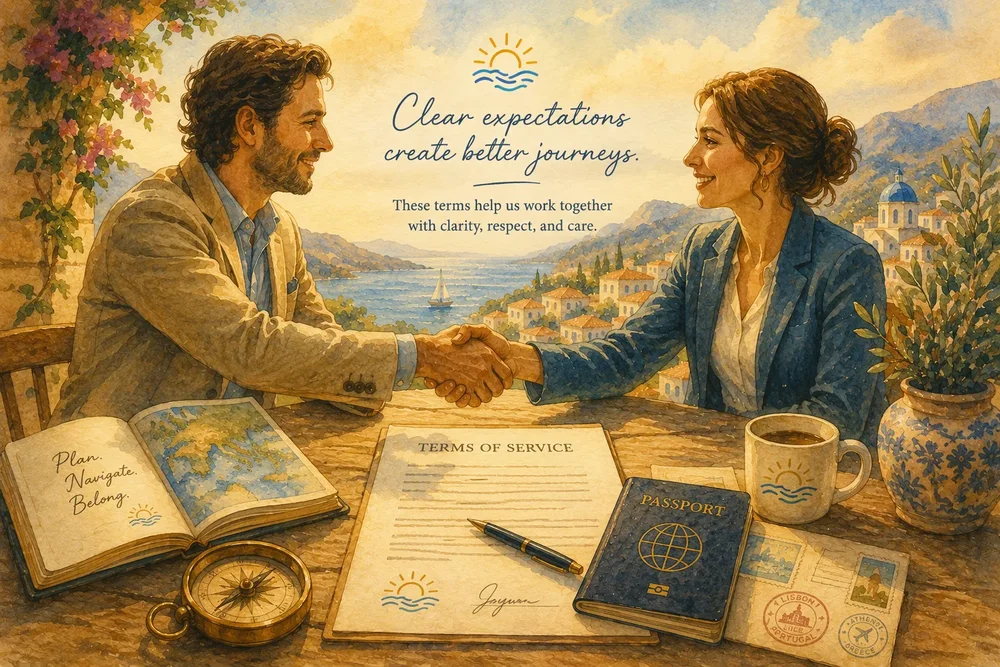 Watercolor handshake over terms of service documents with Mediterranean view