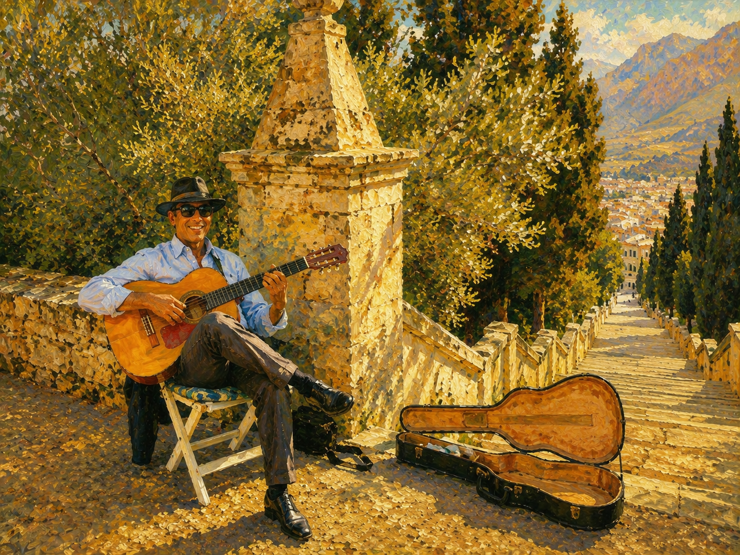 Guitarist playing in the golden afternoon light on a sunlit stairway