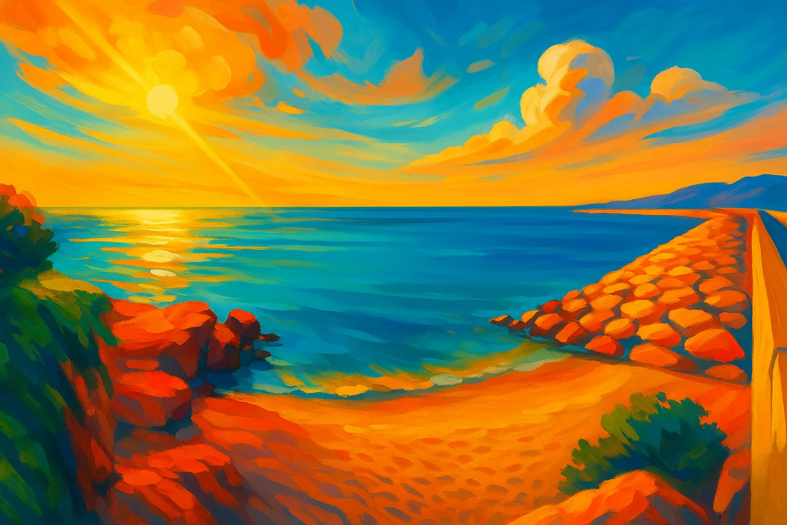 Sunlit coastal beach scene representing life abroad